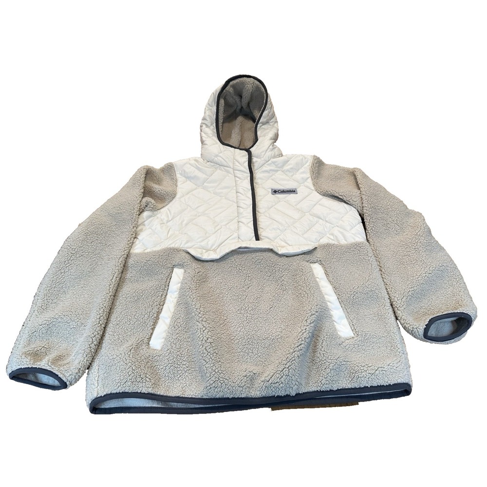 Columbia Womens Cream Tan Fleece Quilted Pullover‎ Hoodie Sherpa Cozy Size S